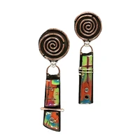 ethnic tribal spiral colorful stone dangle earrings vintage jewelry twist bronze metal painting pattern geometric earrings