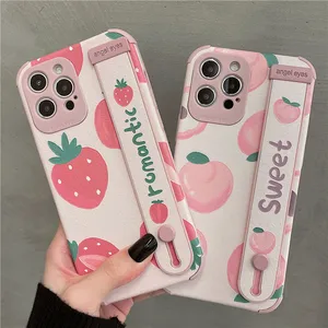 Soft Wrist Strap Holder Phone Case For iPhone 11 12 13 Pro XS Max X XR 7 8 Plus Cute Peach Strawberr
