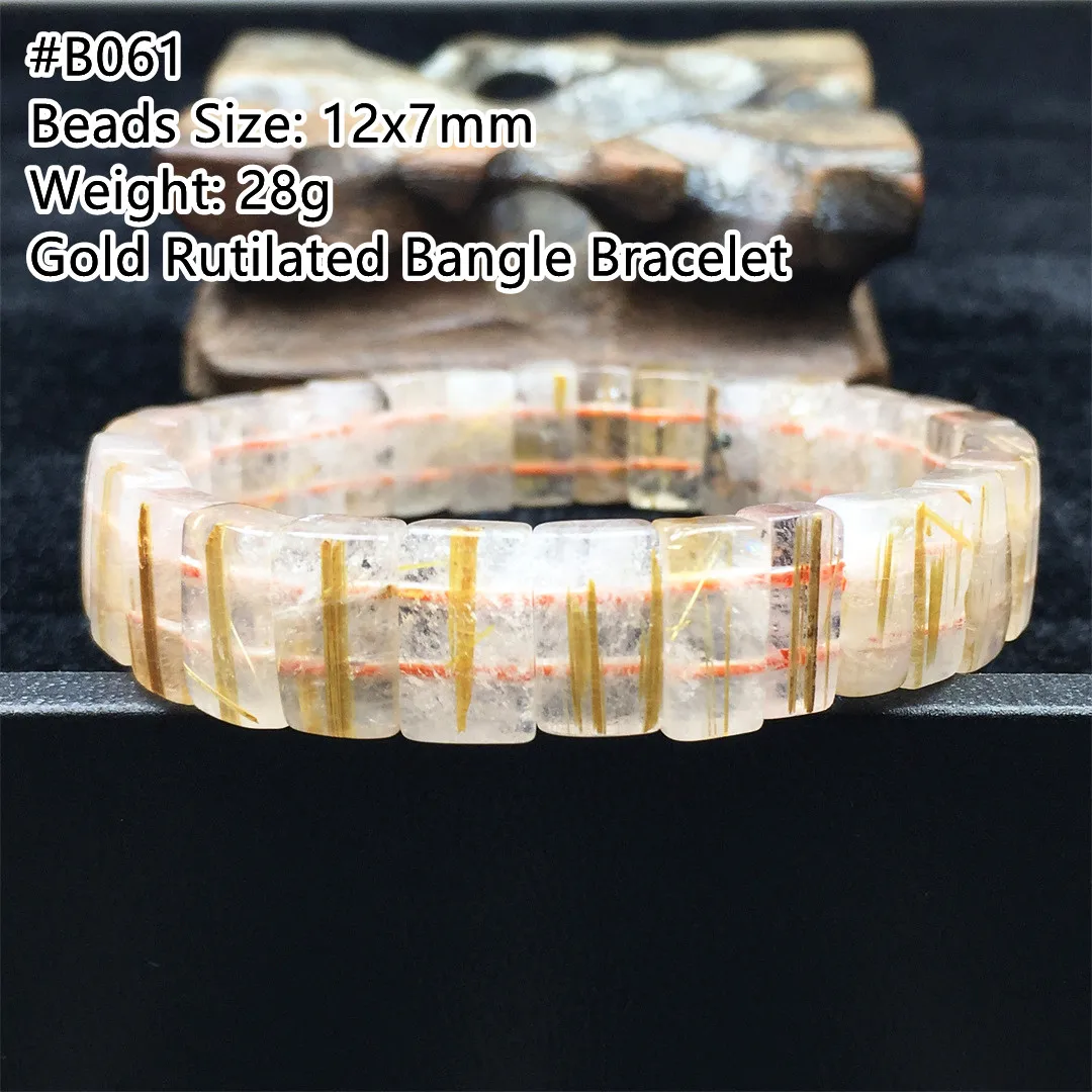 

Top Natural Gold Rutilated Quartz Bracelet Jewelry For Women Men 12x7mm Healing Wealth Titanium Crystal Beads Stretch Bangle