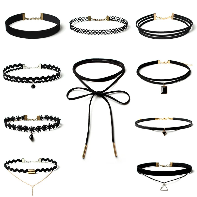 

4pcs/6pcs/8pcs Vintage Gothic Hollow Designs Black Leather Velvet Choker Lolita Cosplay Hip Hop Bondage Black Goth Punk Necklace