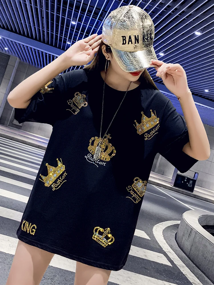 

QING MO Black White Women Crown Printed T Shirt 2021 Summer Women Rhinestone T Shirt Female Casual T Shirt ZQY6793
