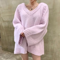 batwing sleeve v neck crossover knit pullover tops women jumpers korean 2021 autumn casual grey khaki female knitwear pull femme