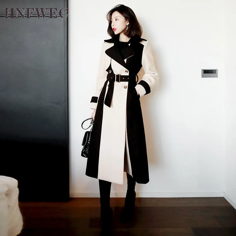 

2020 Autumn Winter New Pattern Lapel Long Sleeve Hit Colors Patchwork Adjustable Waist Vintage Woolen Coat Women P598