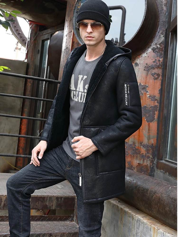 Мужское зимнее пальто из натуральной овчины длинная куртка коричневого и