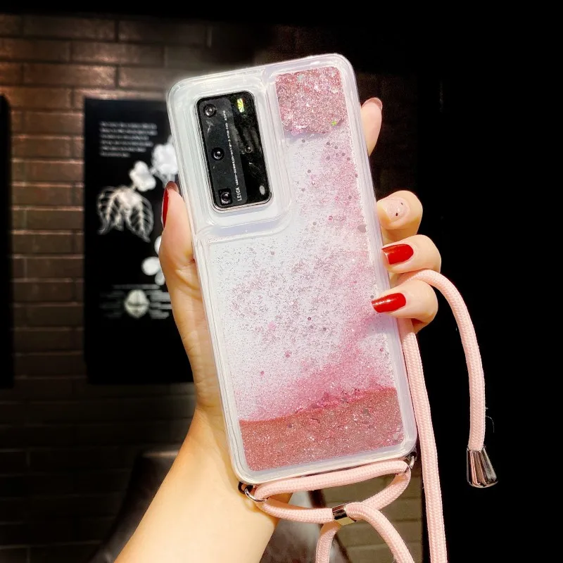 Quicksand Case For OPPO Realme 7 C11 C15 A5 A9 2020 Reno 5 Pro 4Z A92 A72 A52 A53 A92S Necklace Lanyard Crossbody Glitter Cover | Мобильные
