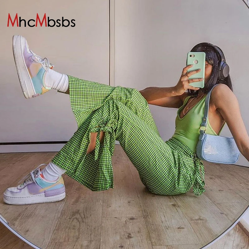 

E Girl Plaid Low Waist Flare Pants Women Vintage Summer Lace Up Green Trouser Split Sweatpants Straight Capris Bottoms 2021 Fall