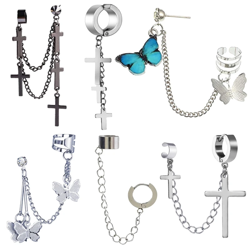 

2pcs Simple Fashion Cross Pendant Stainlless Steel Clip Earrings for Women Punk Man No Piercing Fake No Ear Hole Ear Jewelry