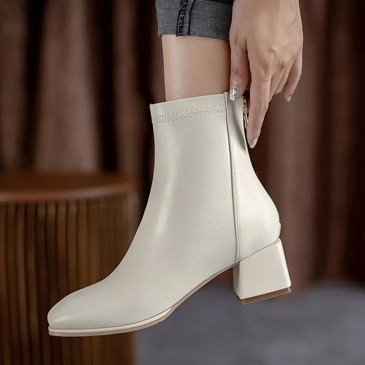 

Leather Stretch Ankle Boots for Women Zip Square Toe Women Boots Spring/Autumn Solid Shoes