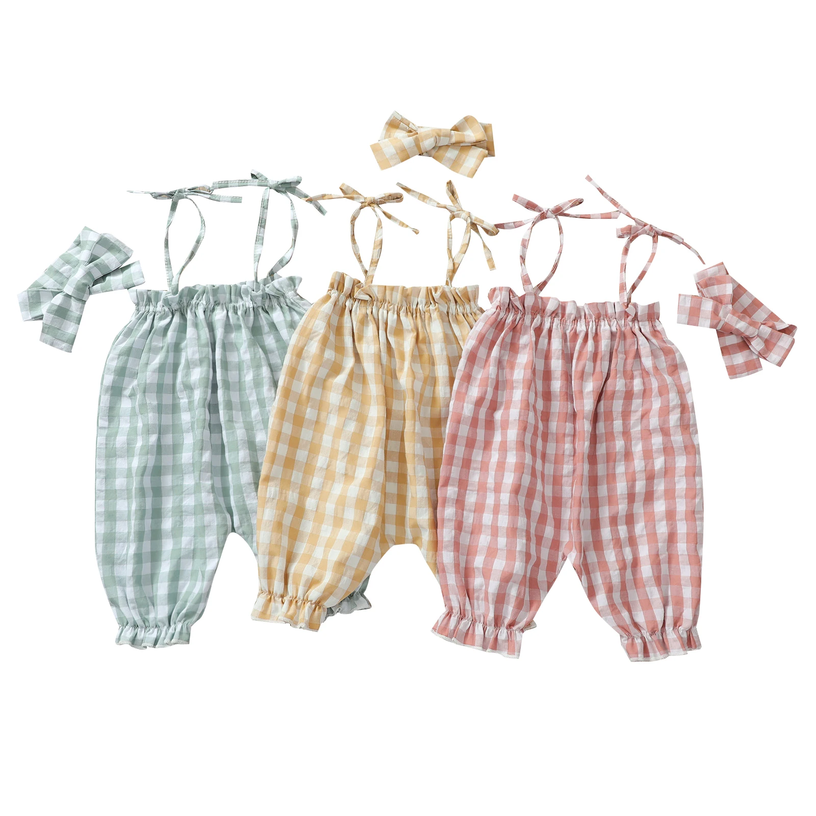 

Baby Romper with Hairband, Kids Plaid Strappy Bodysuit+ Headband, 0-24 Months Girls Summer Casual Romper