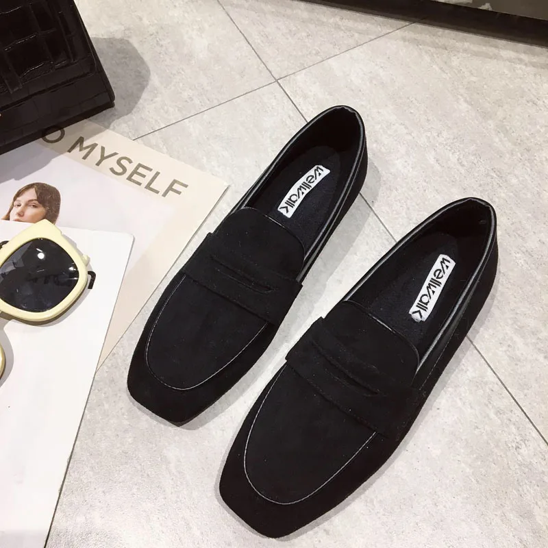 Черный Wellwalk/черные туфли на плоской подошве; женские лоферы; обувь без шнуровки; женские балетки на плоской подошве; женские мокасины; женские балетки на плоской подошве с квадратным носком - Цвет: Черный