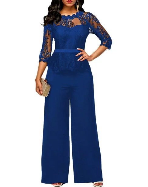 Elegant Sexy Jumpsuits Women Long Sleeve Lace Patchwork Loose Trousers Wide Leg Pants Rompers Holiday Leotard Overalls | Женская одежда