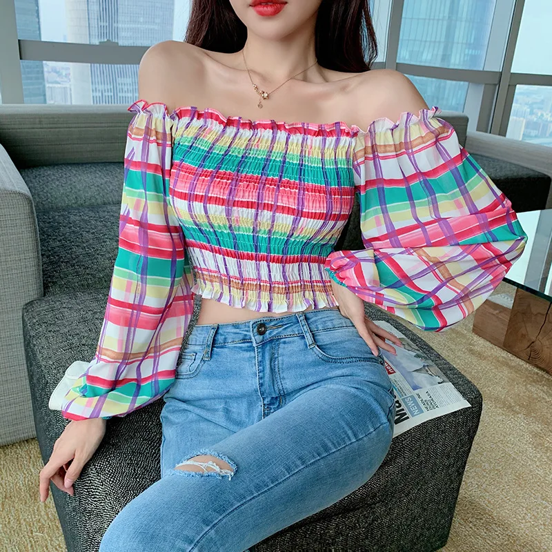 

Новые женские футболки на весну и осень, сексуальная Облегающая рубашка в клетку с воротником-стойкой и открытыми плечами и длинными рукава...