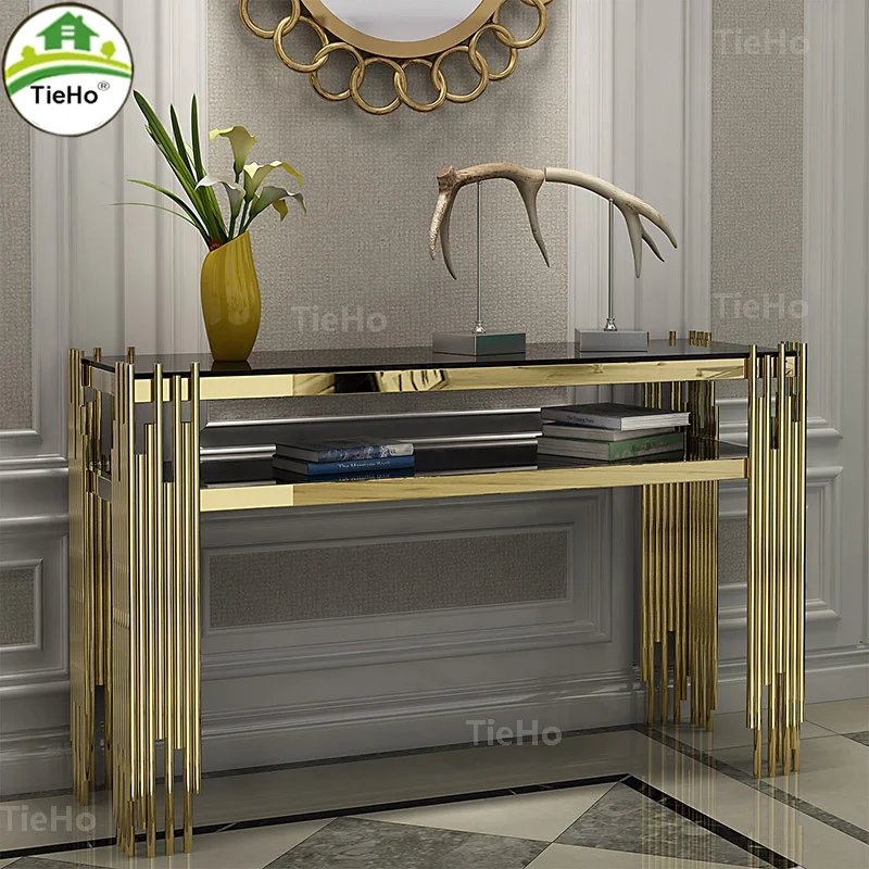 

TieHo Luxury Gold Hallway Console Table Stainless Steel Living Room Porch Table Decoration Cabinet 2 Layer Black Tempered Glass