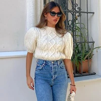 2021 fashion women clothing cropped sweater top crew neck short puff sleeve cable knit pullover autumn winter chic casual jumper