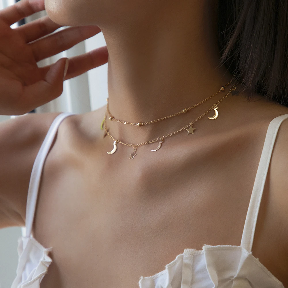 

Layered Gold Color Moon Star Pendant Necklace For Women Choker Bohemian Statement Female Necklace Jewelry Neck Decoration
