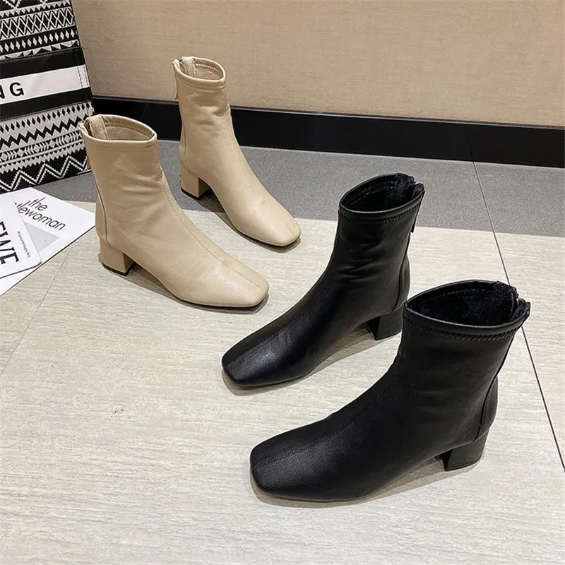 

2020 New Autumn Winter Genuine Leather Retro Square Toe Zipper Ankle Boots Square Heel All Match Women Shoes Size 34-39