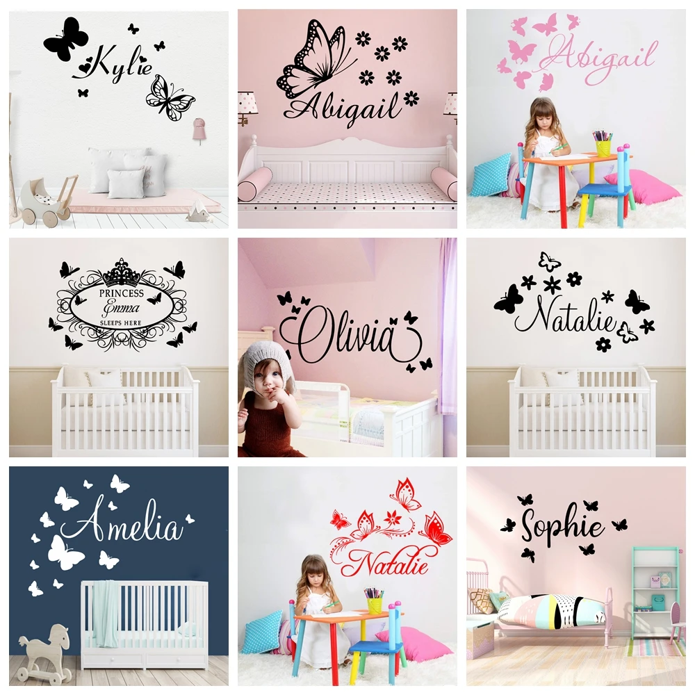 

Sweet Butterfly Custom Name Wallpaper Wall Stickers For Baby Bedroom Decal Kids Name Decor Sticker For Girls Room Wall Decals