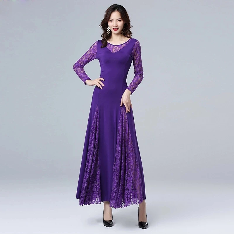 

2021 New Lace Ballroom Dance Competition Dresses for Women Modern Waltz Tango Dance National Standard Long Sleeve Dancing Dress