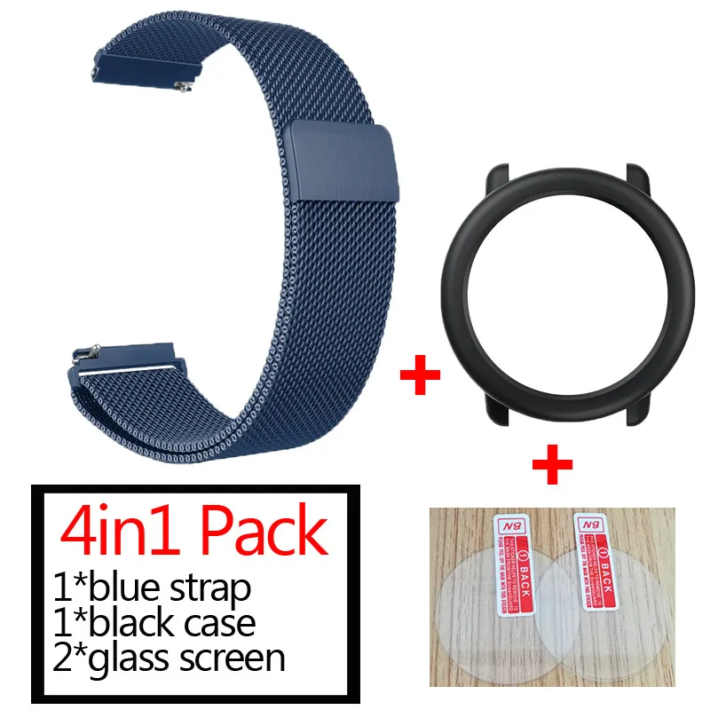 3в1 Для xiaomi Huami Amazfit pace ремешок для часов металлический Миланский ремешок+ защитный чехол для наручного ремня+ Защитное стекло для экрана - Цвет: blue-black
