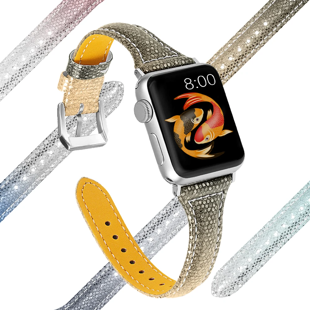 Модный кожаный браслет с рисунком рыбьей чешуи для Apple Watch SE 6 5 4 3 ремешок 44 мм 40 42/38