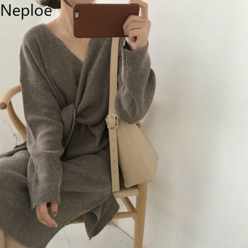Neploe V Neck Slim Waist Lace Up Sweater Dress Autumn Loose Solid Maxi Vestido Cardigan Sueter Mujer Invierno 2020 46149 | Женская