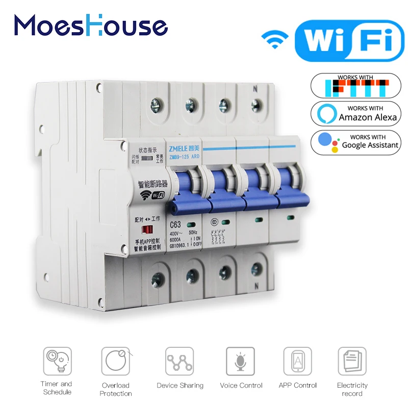 

Умный автоматический выключатель 4P, Wi-Fi, голосовое управление при перегрузке, коротком замыкании, с Amazon Alexa Google Home