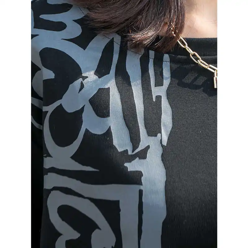 

IEQJ T-shirt Womens Designed Print Graffiti Loose Office Lady Full Sleeve Round Collar 2021 New Spring Autumn Fashion Tide XA122