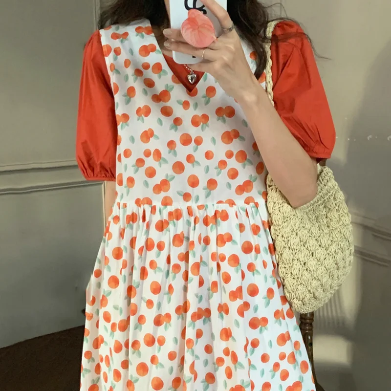 Женское платье с круглым вырезом оранжевое рубашка рукавами фонариками и