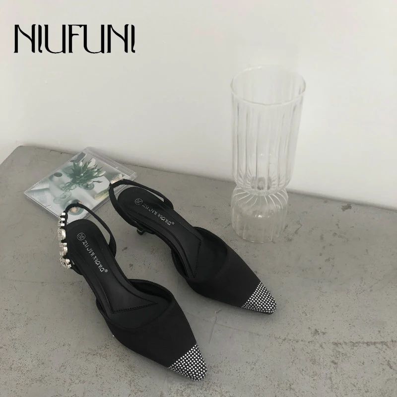 

Pointed Toe High Heels Women's Sandals 2021 Rhinestone Letters Stiletto Satin Single Shoes Elastic Band Black Sexy Women's Shoes