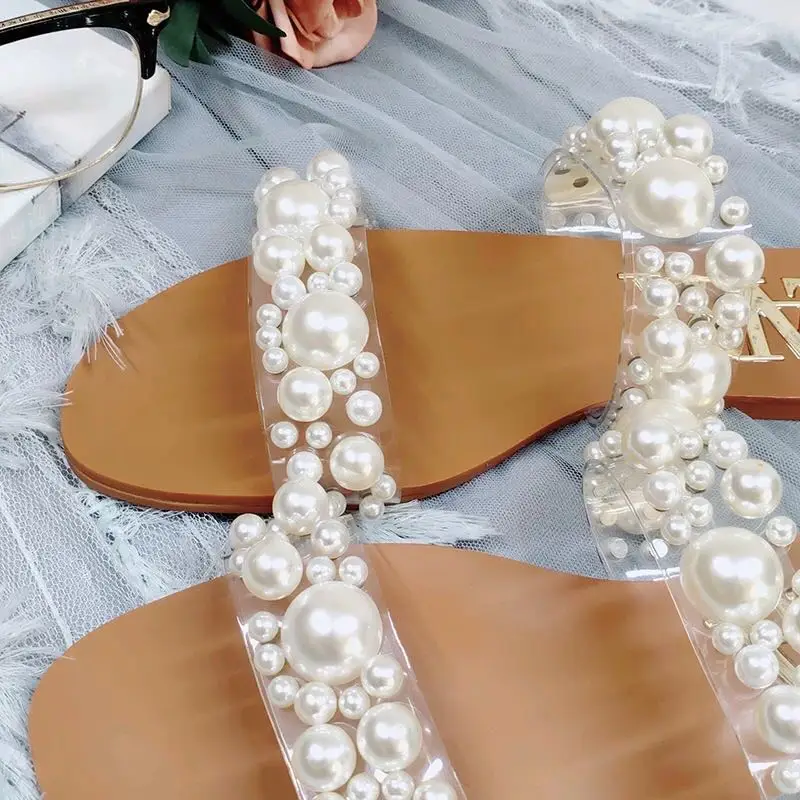

2020 new arrival summer women pearl flat slippers transparent outside slippers brown slides casuals beach slippers size 40-42