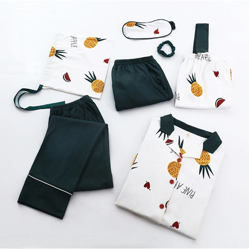 Летние Осенние женские пижамные комплекты из 7 предметов хлопковые пижамы с