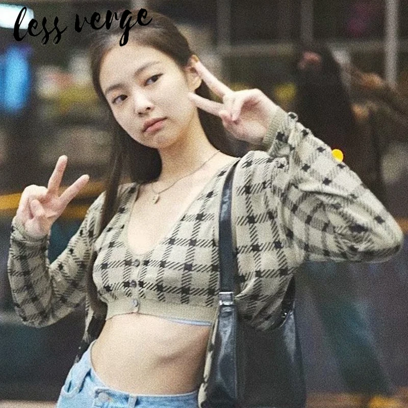 lessverge Casual yellow black plaid cardigan sweater Autumn winter 2 piece set tank crop top Knitted women korean mujer cami |