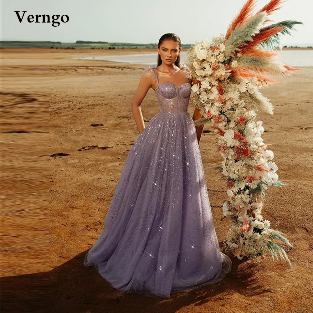 

Verngo Sparkly Lavender Tulle Long Prom Dresses Spaghetti Straps Sweetheart Bones Floor Length Evening Gowns Elegant Party Dress