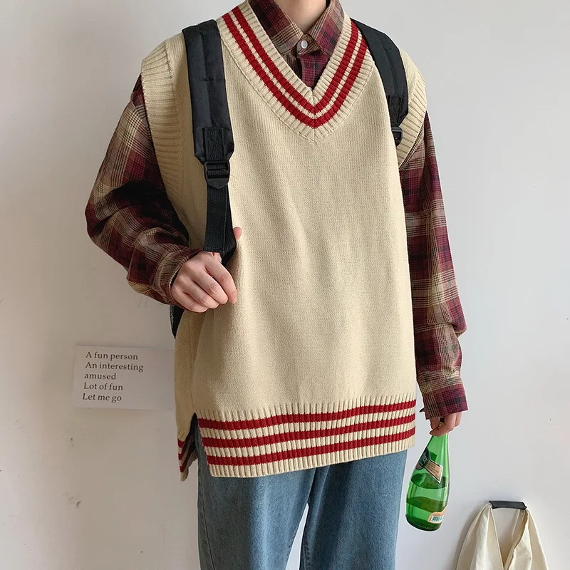Leisure Loose Male Clothing Harajuku New Men Sweater Vests Striped Sleeveless V-Neck Knitted Shrug Ins Preppy Style Ulzzang Chic