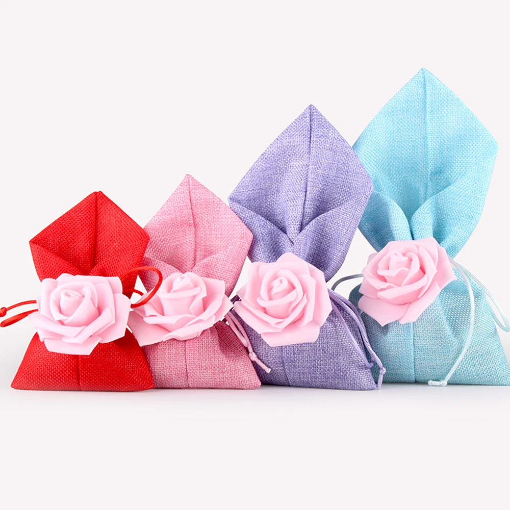 

Artificial Rose Flower Burlap Jute Candy Gift Jewelry Packaging Bag for Party Decoration Gifts Packing Bags