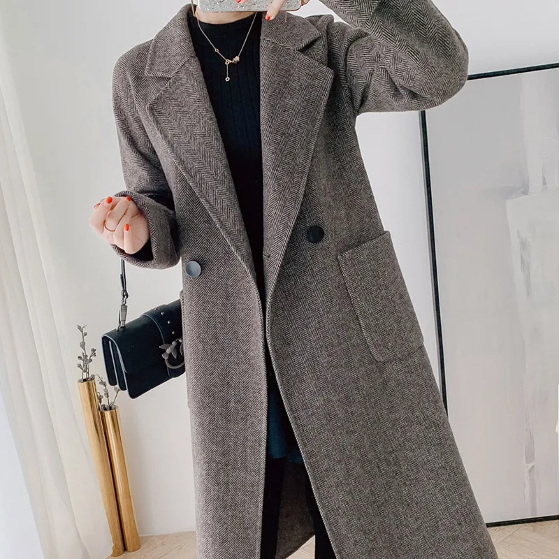 

2021 Women Woolen Coats Elegant Turn Down Collar Women Long Woolen Dark Gray Design Winter Warm Jackets Belt Casaco Feminino New