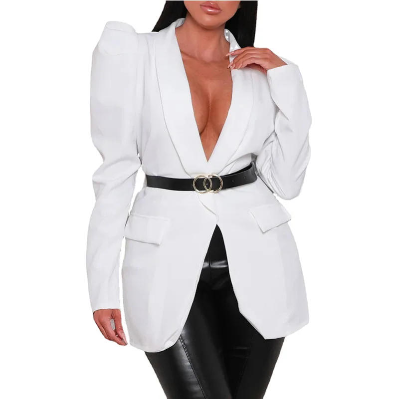 

White V-neck Plus Size Blazer Women Black Sexy Slim Jacket Casual Long Sleeve Coat Fashion Female Top Chic Autumn Clothing