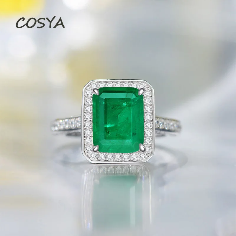 

COSYA 100% 925 пробы Серебряное прямоугольное Изумрудное высокоуглеродистое кольцо с бриллиантами 8*10 мм в стиле ретро Обручальное коктейльное ю...
