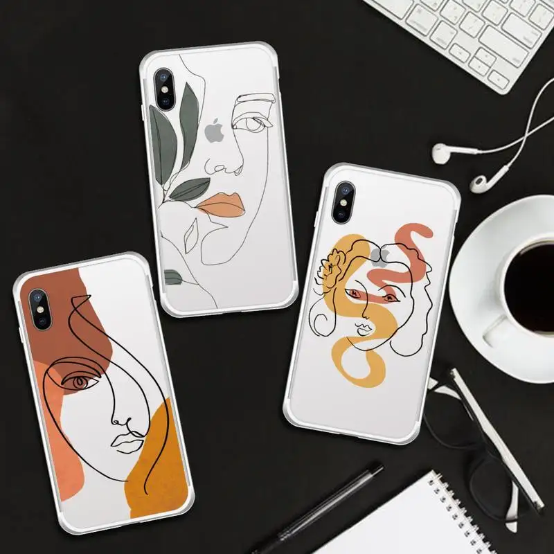 

Abstract line art girl woman Phone Case Transparent for iPhone 6 7 8 11 12 s mini pro X XS XR MAX Plus cover funda shell