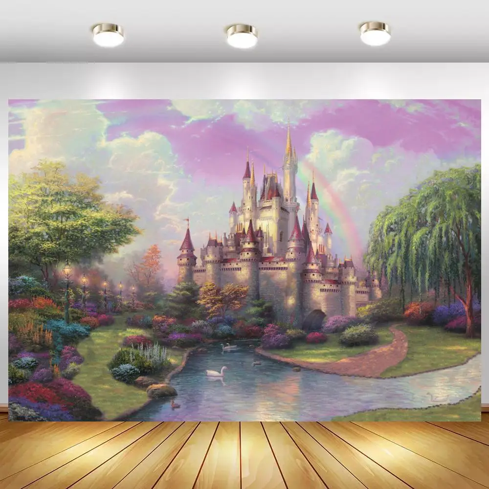 

Фон для фотосъемки новорожденных детей с изображением сказочных замка дневного света леса озера