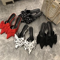 2021 new spring slippers womens korean style pointed polka dot bow stiletto mid heel low heel slippers polka dot half slippers