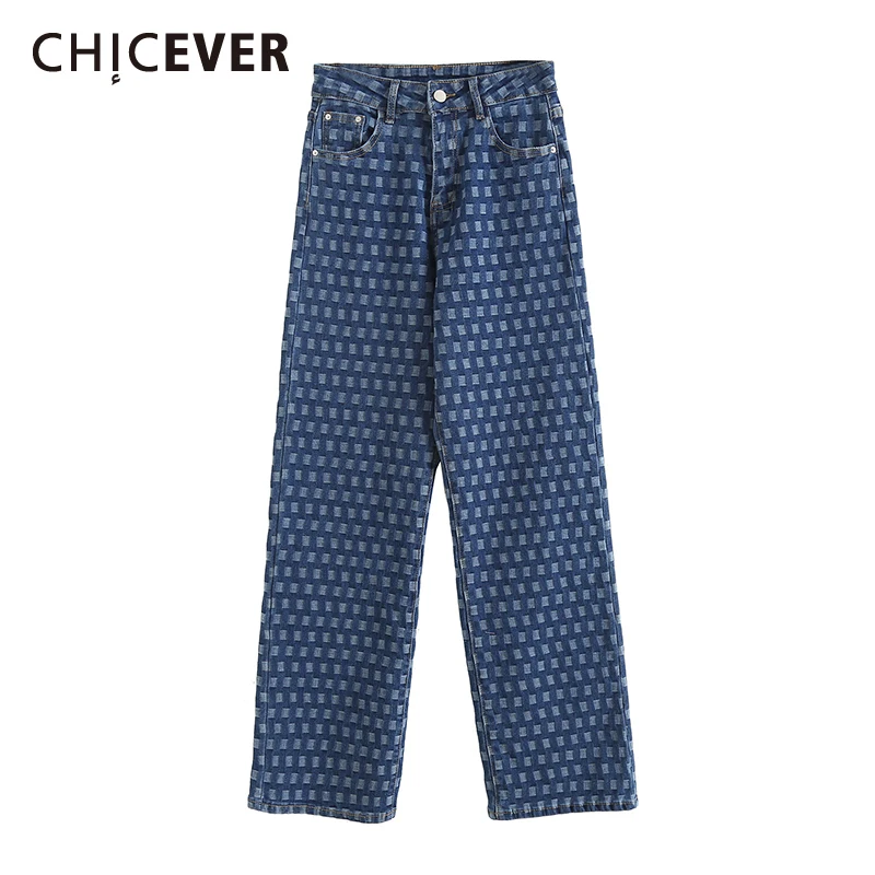

CHICEVER Casual Denim Pant For Women Cut Out Patterned High Waist Botton Patchwork Pockets Long Wide Leg Pants Female 2021 Style