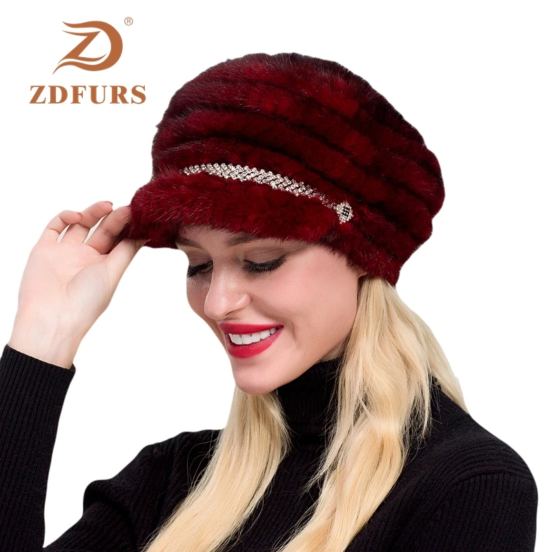 

ZDFURS*2019 New Winter Women Knitted Mink Fur Hats Peaked Mink fur Caps Diamond design Real Fur Beanies Visors Girls Headgears