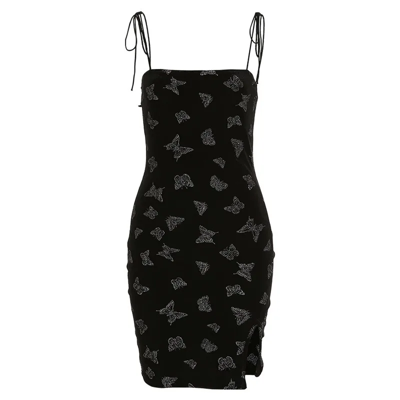 

Women Spaghetti Strap Mini Dress Female Sexy Backless Sleeveless Bodycon Party Dress Ladies Package Hip Dress Butterfly Print