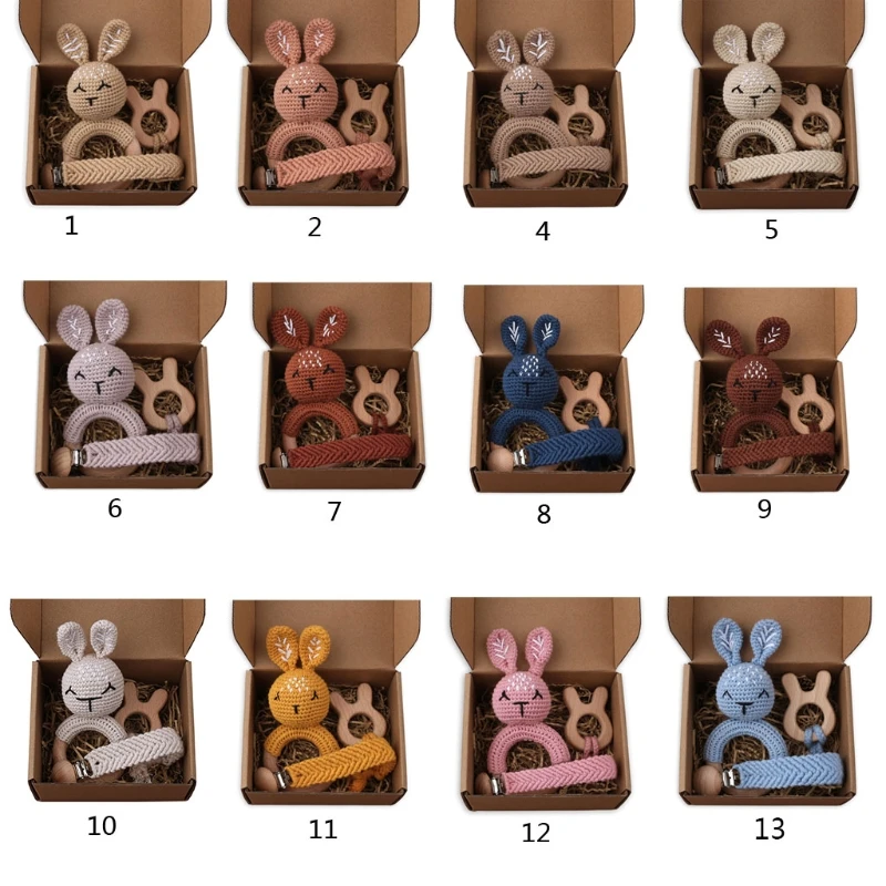

3pcs Bunny Rattle Toy Wood Ring Baby Teether Gym Mobile Rattles Pacifier Chain