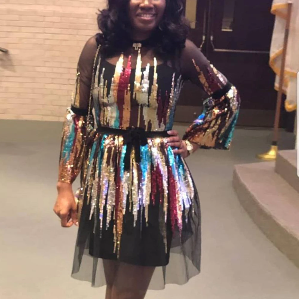 2019 женское сексуальное платье с длинным рукавом и блестками роскошное для