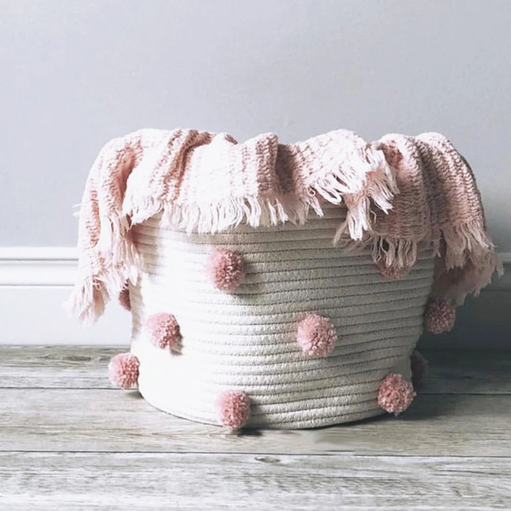 Pomp&oacute;n de punto de cuerda de algod&oacute;n de moda, cesta de seguridad para lavander&iacute;a, Cubo de almacenamiento de juguetes, utiler&iacute;a para fotos-1