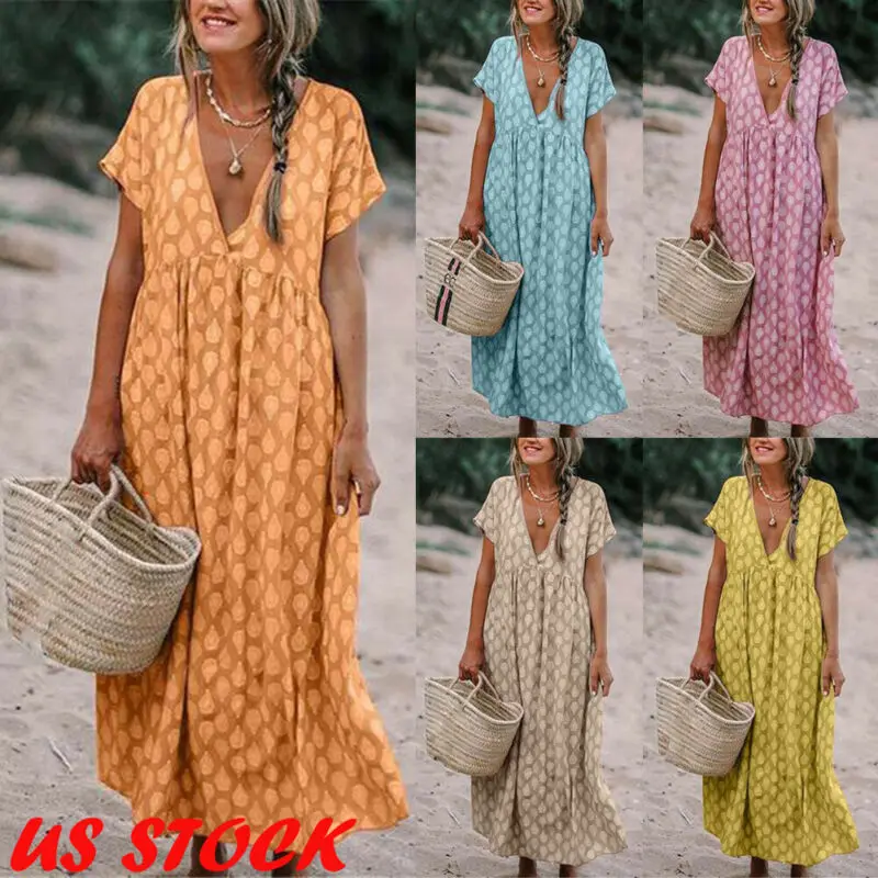 

2021 Womens Boho Deep V Neck Polka Dots Floral Print Baggy Tunic Long Pleated Dress Loose Summer Beach Holiday Sundress