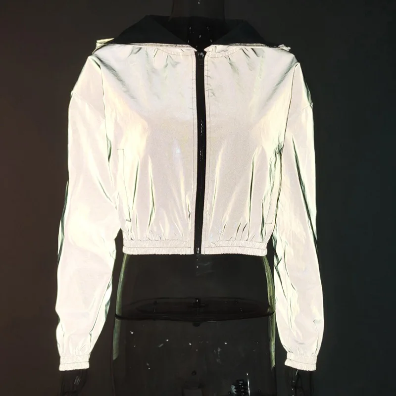 

Euroepan Style Reflective Coat Woman Streetwear Jacket Woman Long Sleeve Zipper Coat Woman