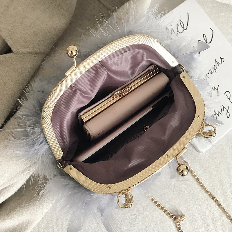 Сумка из натурального меха с перьями женский клатч на цепочке вечерняя Женская